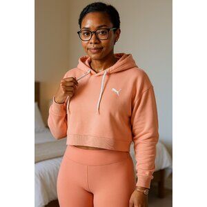 PUMA Women’s XL 846115-26 Cropped Hoodie Sweatshirt Peachy Pink Drawstring